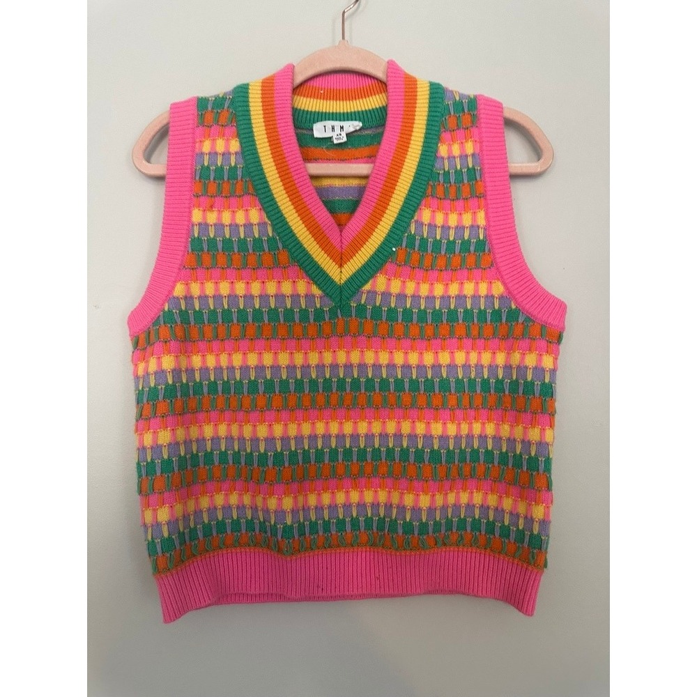 THML Rainbow Geometric Knit V-Neck Sweater Vest Pink Multi XS TMK1845-PK